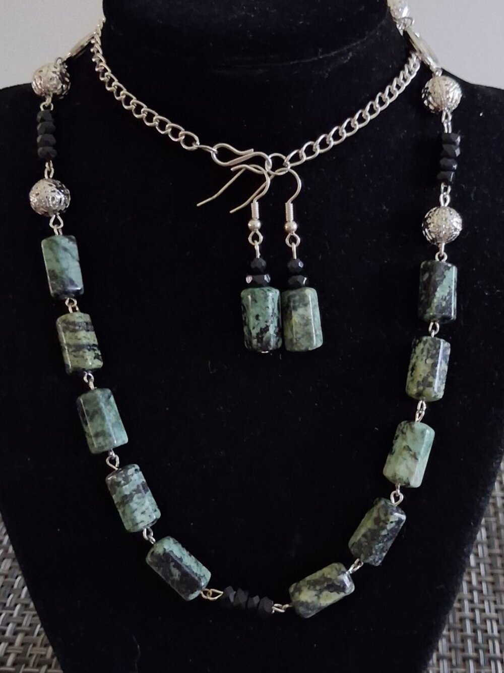 Handmade Long Green & Black Marble Quartz Necklace & Matching Earrings